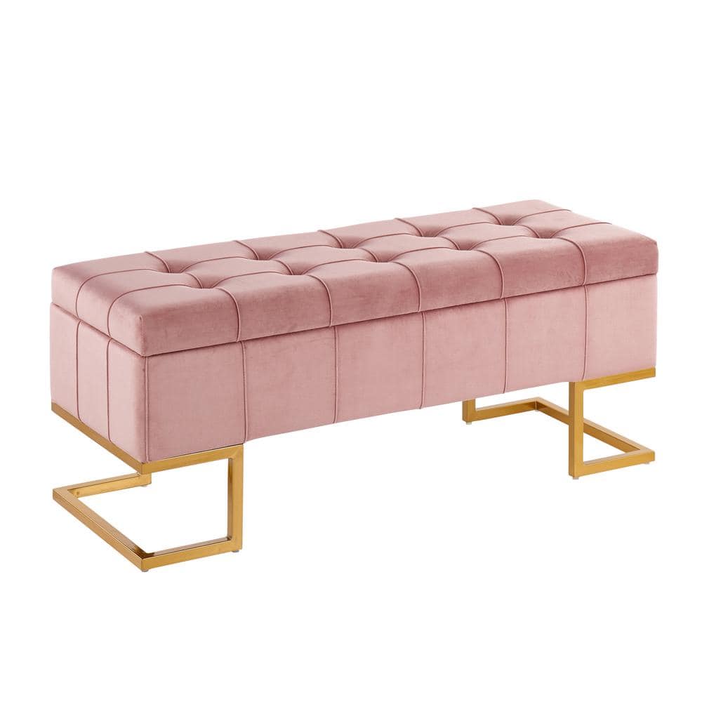 Lumisource Midas Pink Velvet and Gold Steel Storage Bench (17 in. x 41. ...