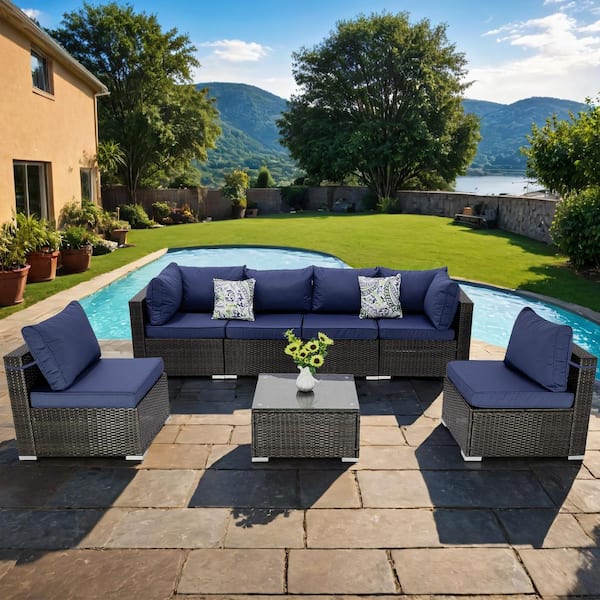 Runesay Wicker Outdoor Sectional Set with Dark Blue Cushions (7 Set)
