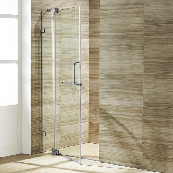 Pirouette 36 to 42 in. W x 72 in. H Pivot Frameless Shower Door in Brushed Nickel with 3/8 in. (10mm) Clear Glass