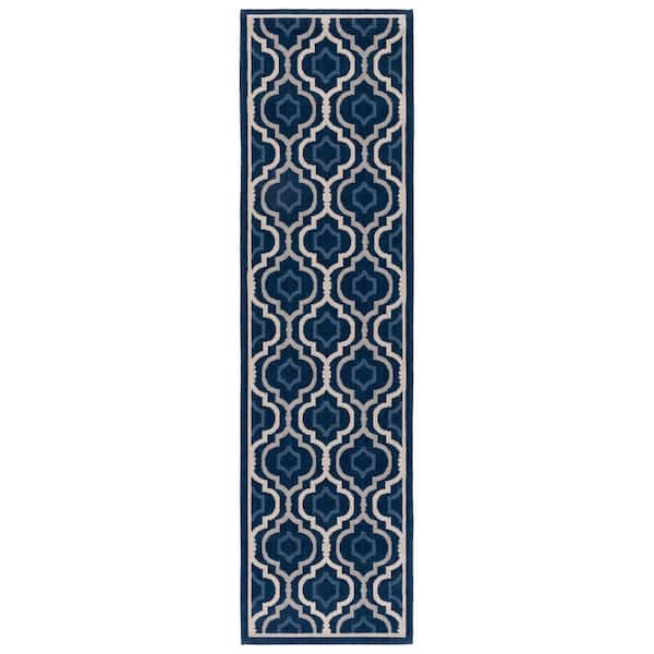 Courtyard Navy/Beige 2 ft. x 12 ft. Floral Trellis Indoor/Outdoor Runner Rug