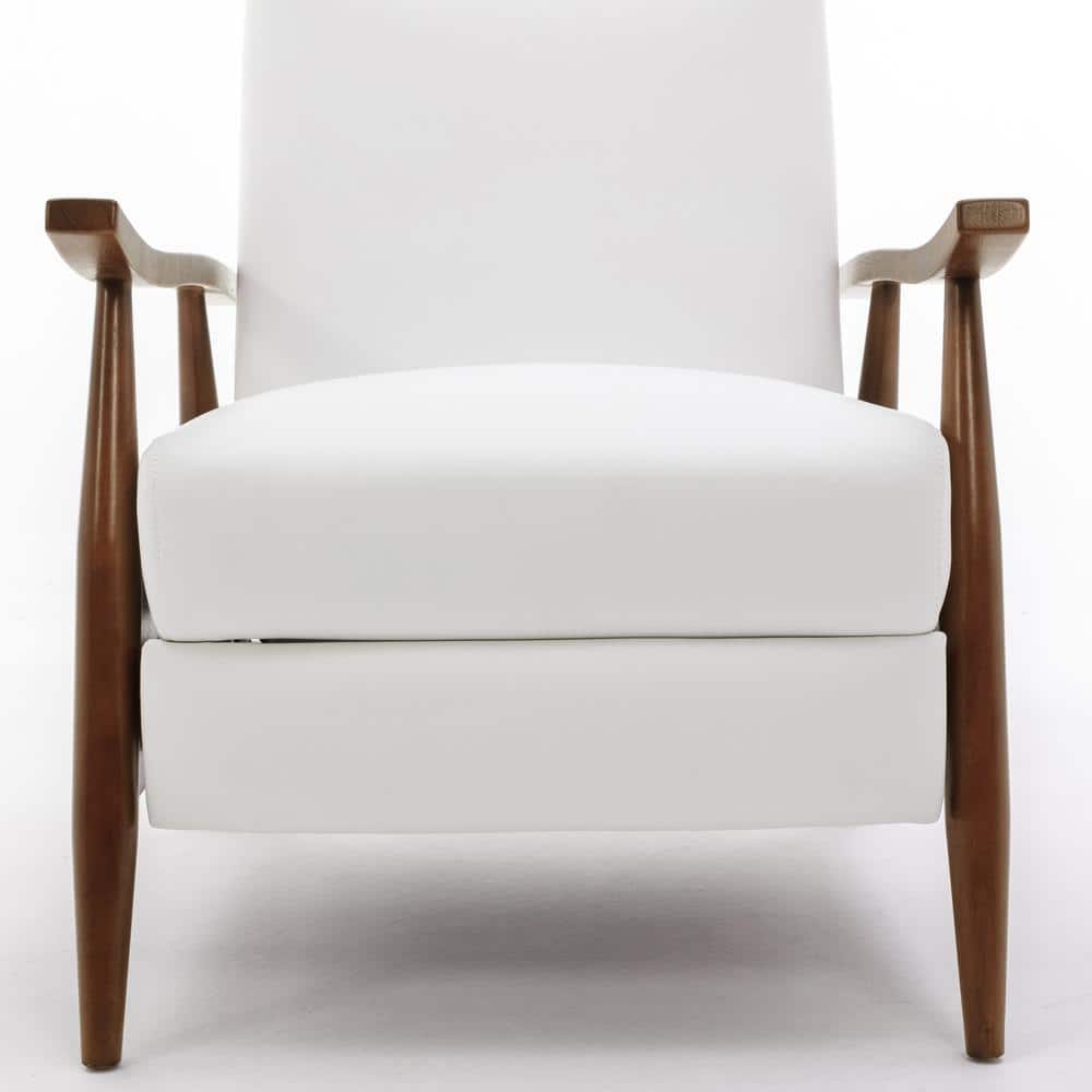 Milky White Leather and Wood Mid-Century Modern Recliner