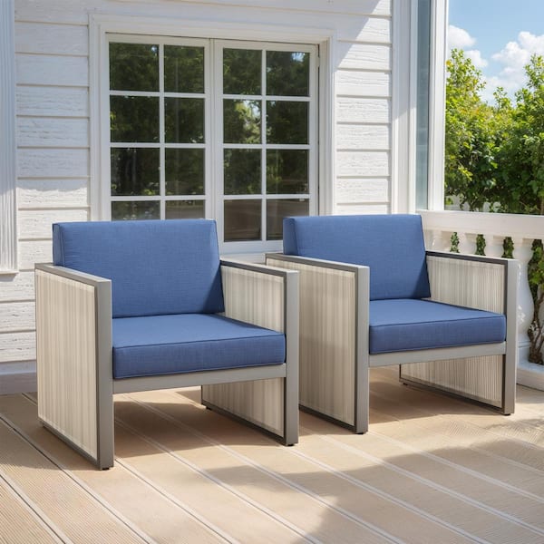 Pocassy Square Tube Series 2-Pack Gray Wicker Outdoor Patio Lounge Chair with Cushion Guard Blue Cushions