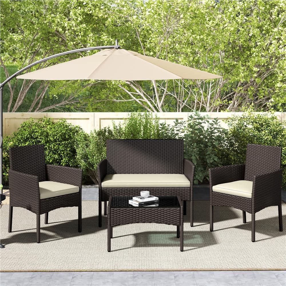 4-Piece Metal Patio Conversation Set with Tempered-Glass Tabletop and Beige Cushion price history on PriceWatchPro