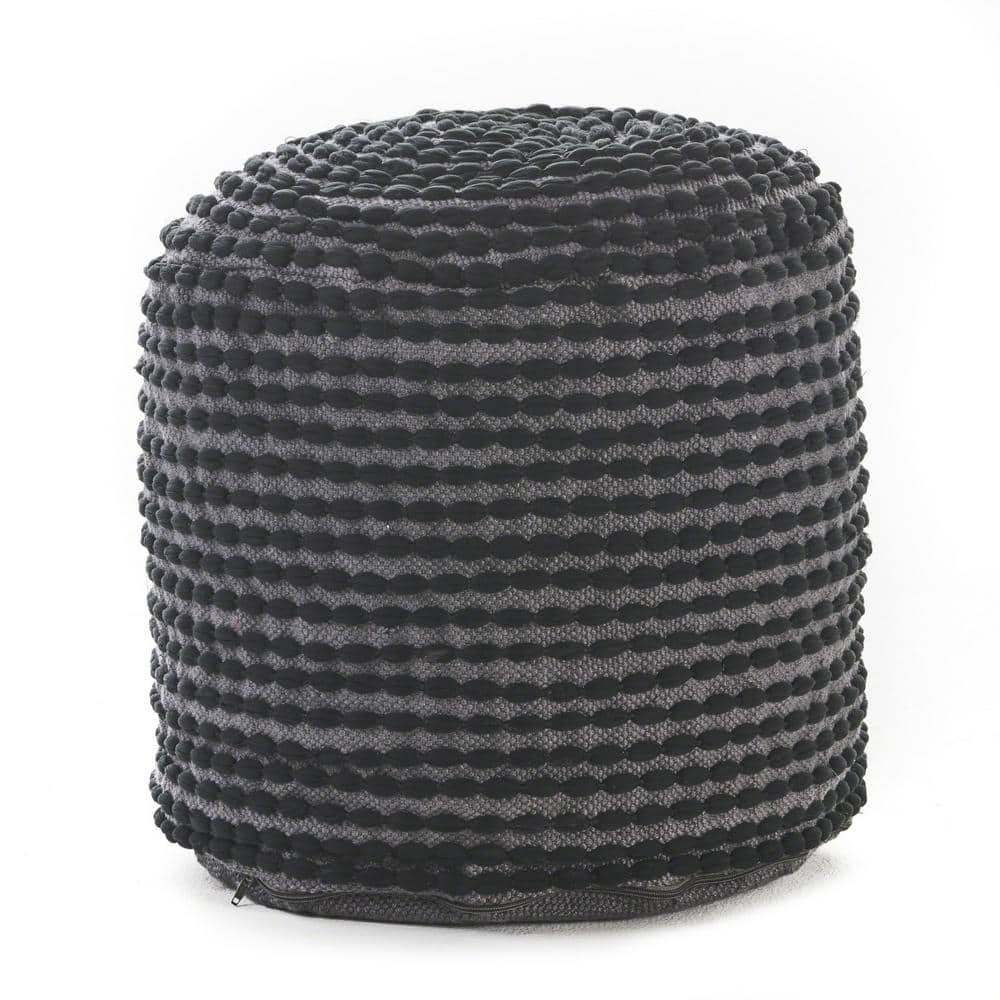 Noble House Conney Black Fabric Round Outdoor Ottoman Pouf 19393 The
