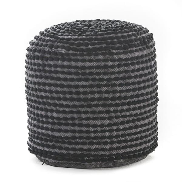 Noble House Conney Black Fabric Round Outdoor Ottoman Pouf