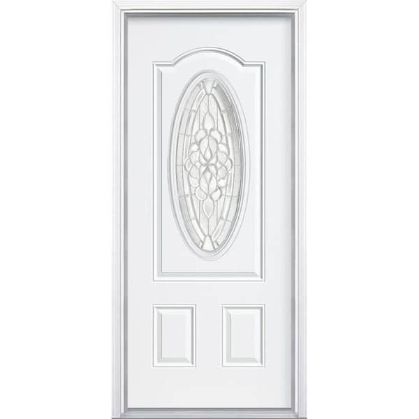 Masonite 36 in. x 80 in. Oakville 3/4 Oval Lite Right-Hand Inswing Primed Steel Prehung Front Door with Brickmold