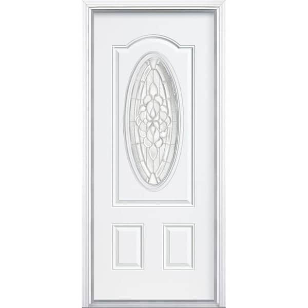 Masonite 36 in. x 80 in. Oakville 3/4 Oval Lite Left Hand Inswing Primed Steel Prehung Front Door with Brickmold