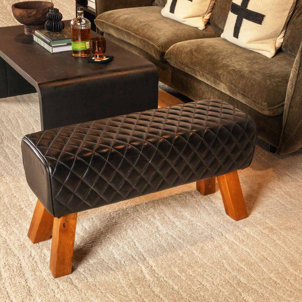 Black Stitched Genuine Leather Bench with Mango Wood Legs