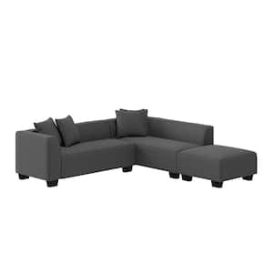Phoenix 97.5 in. Square Arm 3-Piece Fabric L-Shaped Sectional Sofa in Dark Gray Plush Low-Pile Velour with Ottoman