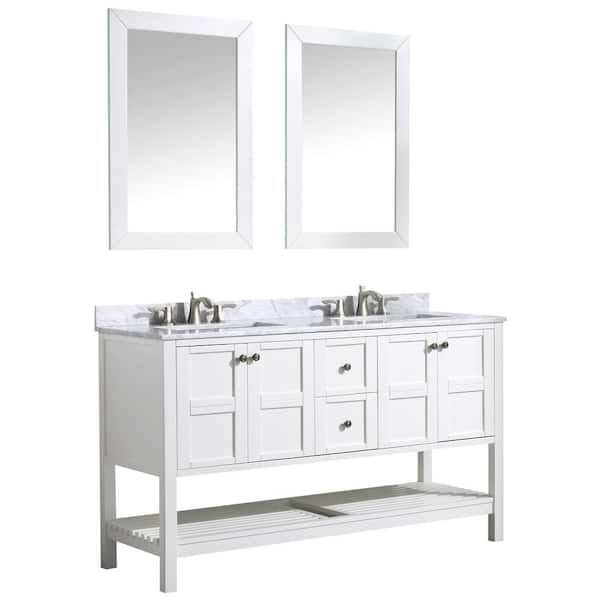 ANZZI Montaigne 60 in. W x 35.75 in. H Bath Vanity in White with Marble Vanity Top in Carrara White w/ White Basin and Mirror