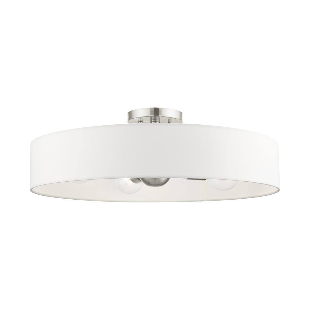 Sophisticated Brushed Nickel 4-Light Indoor/Outdoor Drum Pendant with Off-White Fabric Shade