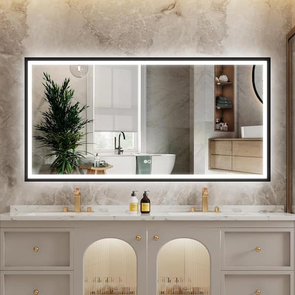 WELLFOR LUKY 72 in W x 36 in. H Rectangular Single Aluminum Framed Anti-Fog LED Light Wall Bathroom Vanity Mirror in Matte Black