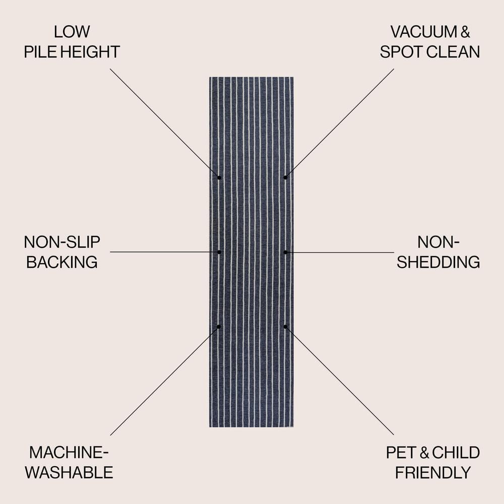 Gray and Navy Striped Machine-Washable Runner Rug