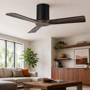 42 in. Black Flush Mount Low Profile Solid Wood Blade Standard Ceiling Fan without Light, Remote Control Timer Included