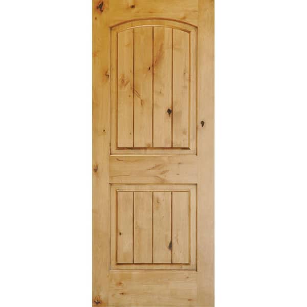 Krosswood Doors 18 in. x 80 in. Knotty Alder 2 Panel Top Rail Arch with V-Groove Solid Wood Core Interior Door Slab