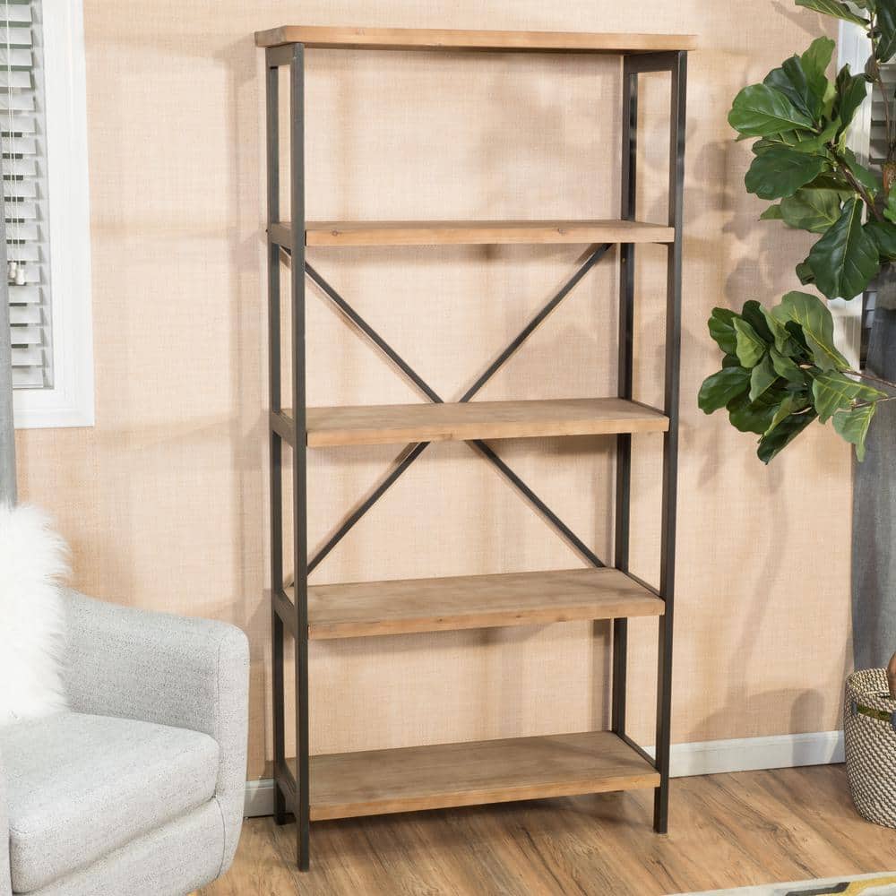 Perth 69.5" Brown Wood and Iron Industrial Bookcase