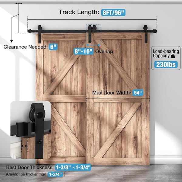 8 ft./96 in. Single Track Bypass Barn Door Hardware Double Doors Kit, Heavy-Duty Sliding 1-Track Antique Roller 8 ft./96 in. Single Track Bypass Barn Door Hardware Double Doors Kit, Heavy-Duty Sliding 1-Track Antique Roller
