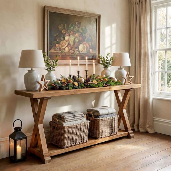 BYBLIGHT Turrella 63 in. Natural Rectangle Solid Wood Console Table ...