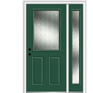 50 in. x 80 in. Right-Hand Inswing Rain Glass Hunter Green Fiberglass Prehung Front Door on 4-9/16 in. Frame