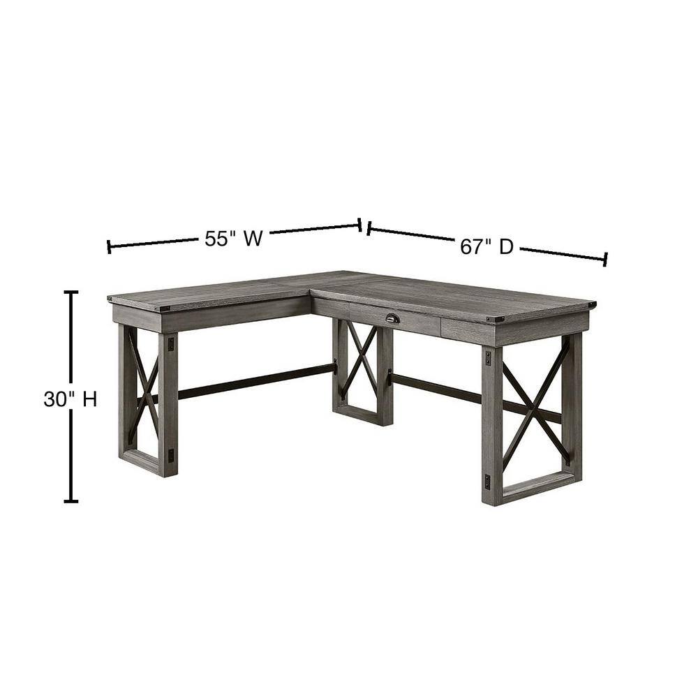 Weathered Gray Corner Writing Desk with USB and Filing Cabinet