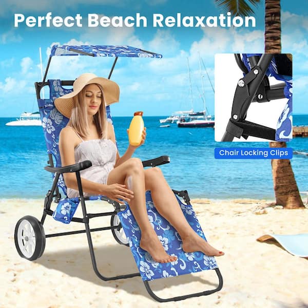 2-in-1 Beach Chair Lounger with Wheels 2 in 1 Heavy Duty Beach Chair with Canopy Shade Folding Lounge Chair