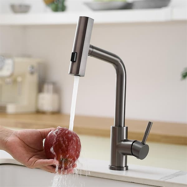 Gun Grey Single Handle 304 Stainless Steel Waterfall Pull Out Sprayer Kitchen Faucet with 360° Swivel