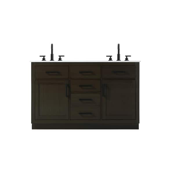 54 in. Double Sink Mocha Brown Bath Vanity with White Engineered Marble Top