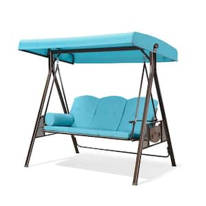 3-Person Steel Metal Patio Swing with Foldable Side Table,Canopy and Cushions, Turquoise Blue