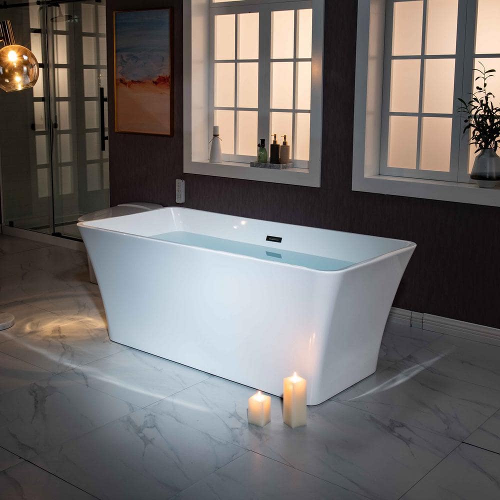 Echo 59'' White Acrylic Freestanding Soaking Bathtub with Matte Black Trim