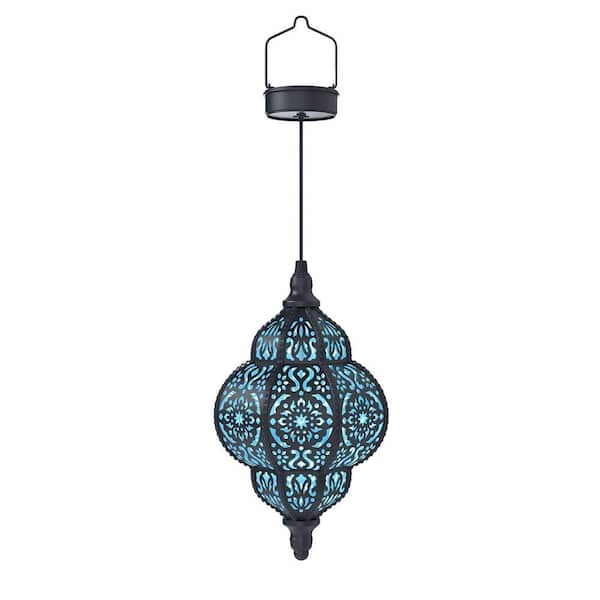 Moroccan Style Hanging Solar Torches Lights, Outdoor Waterproof Plastic Lantern for Patio Pathway Yard Backyard in Black