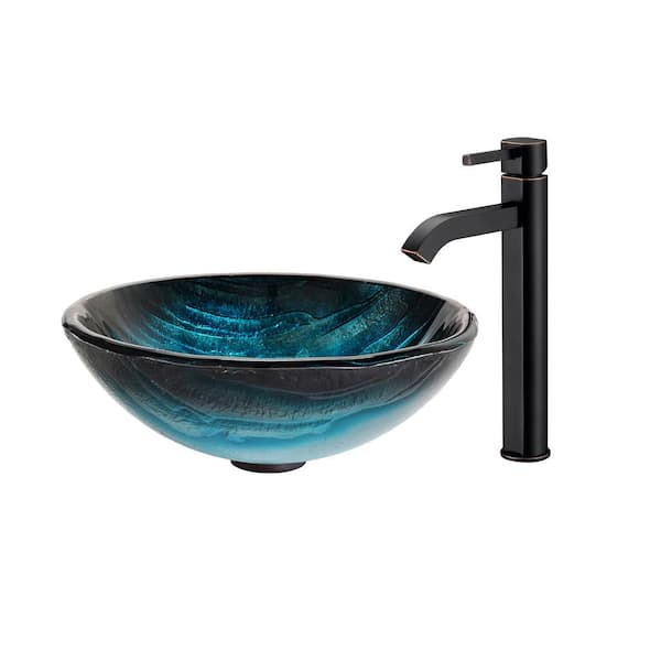 KRAUS Natura 17 in. Round Vessel Bathroom Sink in Blue Glass with Ramus Faucet in Oil Rubbed Bronze