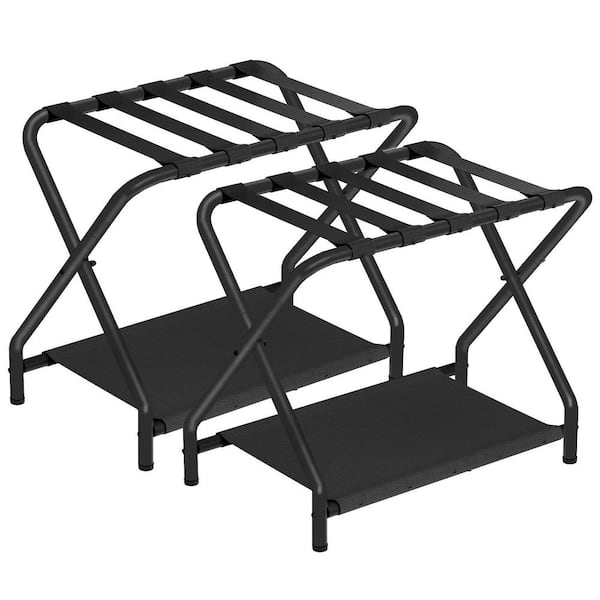 2-Pack 27 in. x 15.3 in. x 22 in. Black Folding Luggage Rack with Fabric Storage Shelf, Suitcase Stand for Guest Room