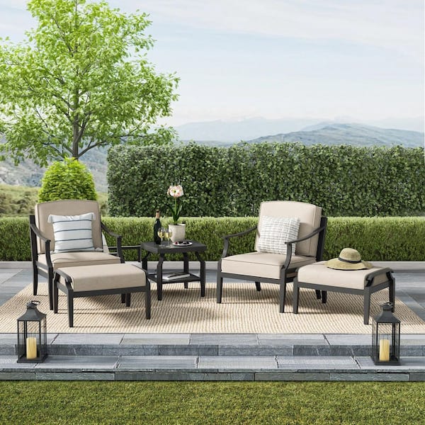Tamarin 5-Piece Aluminum Outdoor Conversation Set with Echo Dune Sunbrella Cushions, Lounge Chairs, Ottomans and Table