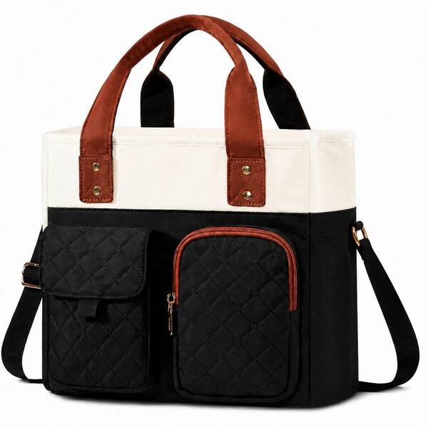 Black White Brown Quilted Insulated Lunch Bag with Wide Opening, Cup Holder and Adjustable Strap, 13L