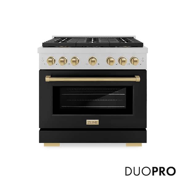 Autograph 36 in. 5.2 cu. ft. Dual Fuel Range with 6 Burner Cooktop in Satin Stainless Steel with Black and Champagne