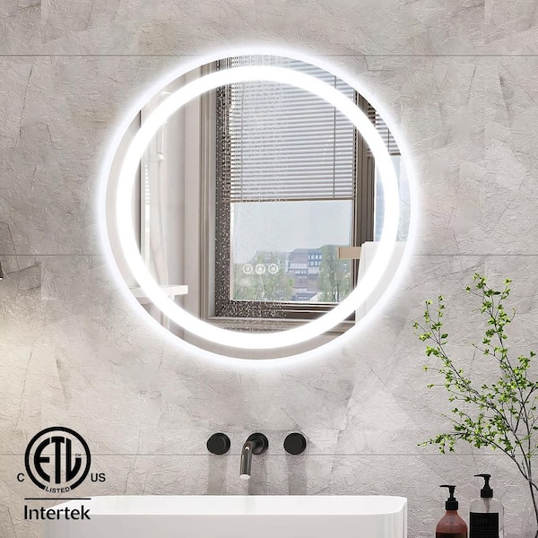 Elevatehome 24 in. W x 24 in. H Round Frameless LED Lighted Anti-Fog Modern Wall Bathroom Vanity Mirror in Tempered Glass