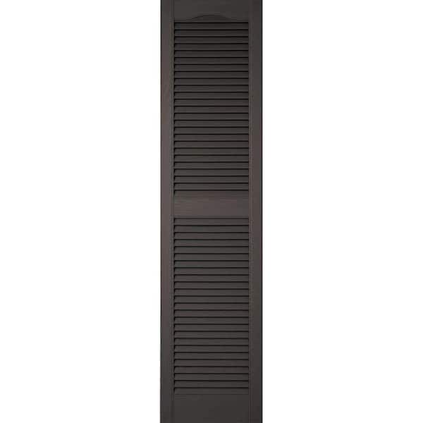 Ekena Millwork 14-1/2 in. x 39 in. Lifetime Vinyl Custom Cathedral Top Center Mullion Open Louvered Shutters Pair Tuxedo Grey