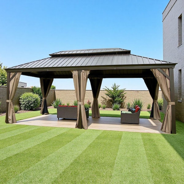 12 ft. x 20 ft. Bronze Brown Hardtop Gazebo, Aluminum Frame Canopy, Galvanized Steel Double Roof, Curtains and Netting