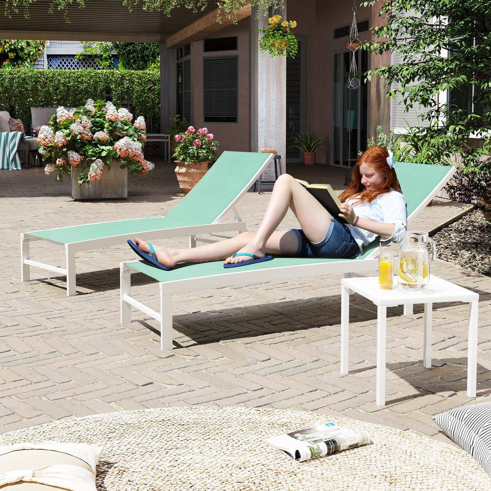 Green Aluminum Outdoor Chaise Lounge Chairs with Table Set