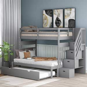 Gray Twin Over Twin/Full Stairway Bunk Bed with Twin Size Trundle and Drawers, Solid Wood Kids Bunk Bed with Staircases