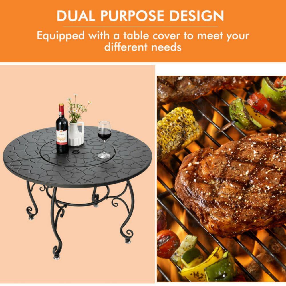 Black Steel Round Fire Pit Table with Cooking Grate
