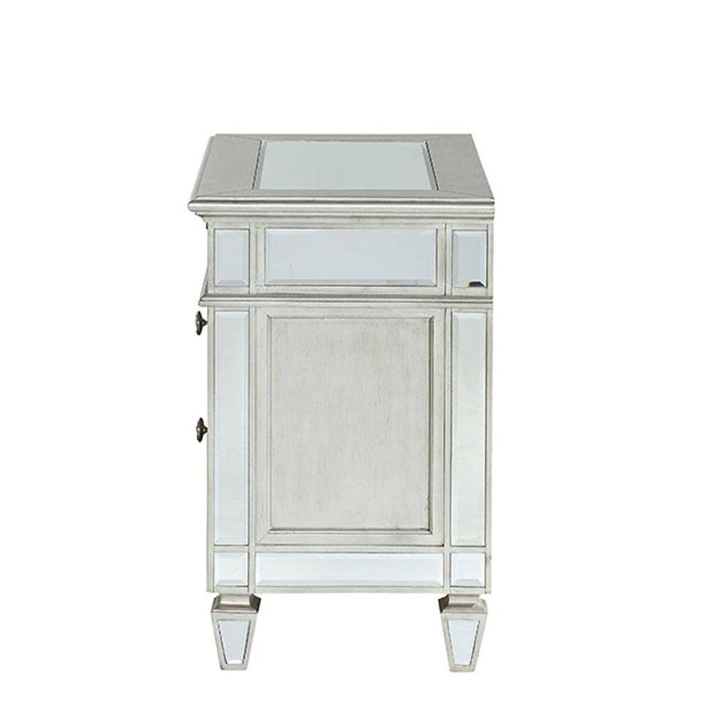 Elegant Silver Mirrored 2-Drawer Nightstand with Geometric Trim