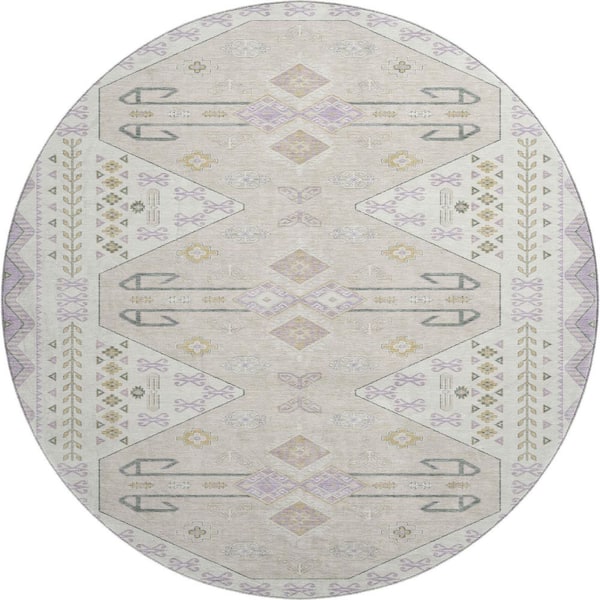 Mayfield Premium Machine Washable Abstract AMF2565 Lavender 8 ft. x 8 ft. Round Rug