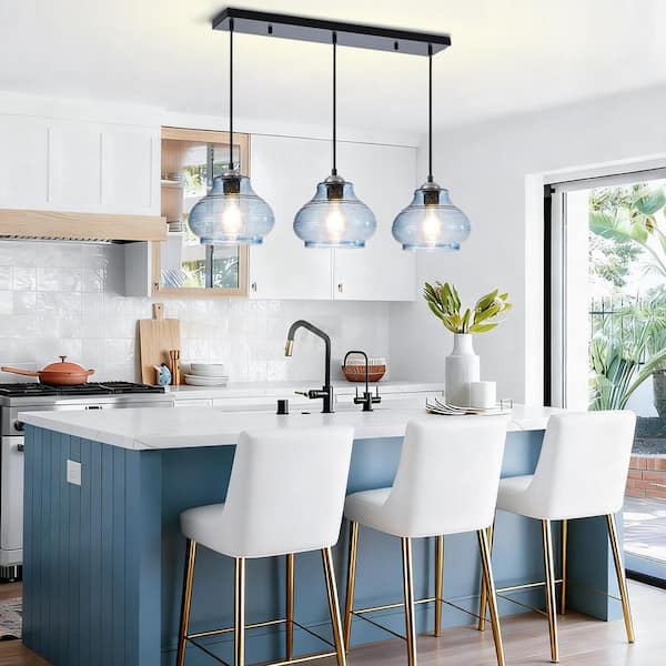 Kinlea 3-Light Modern Traditional Blue Chandelier with Gourd Shaped Bubble Glass for Dinning Room with Bulb Not Included