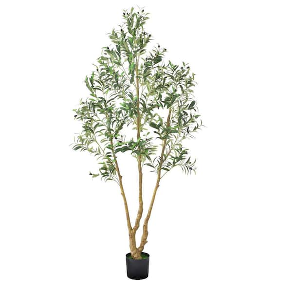 7 ft. Artificial Olive Tree with Black Pot, Tall Fake Tree with Natural Wood Trunk and Realistic Green Leaves and Fruits