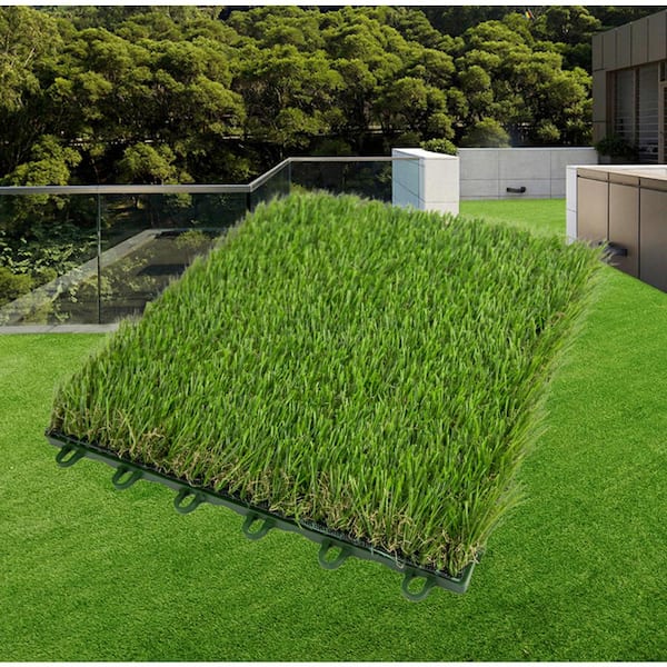 HOTEBIKE 12.6 in. x 12.6 in. Realistic Artificial Grass Turf Panels Interlocking Flooring Tiles (Set of 9)