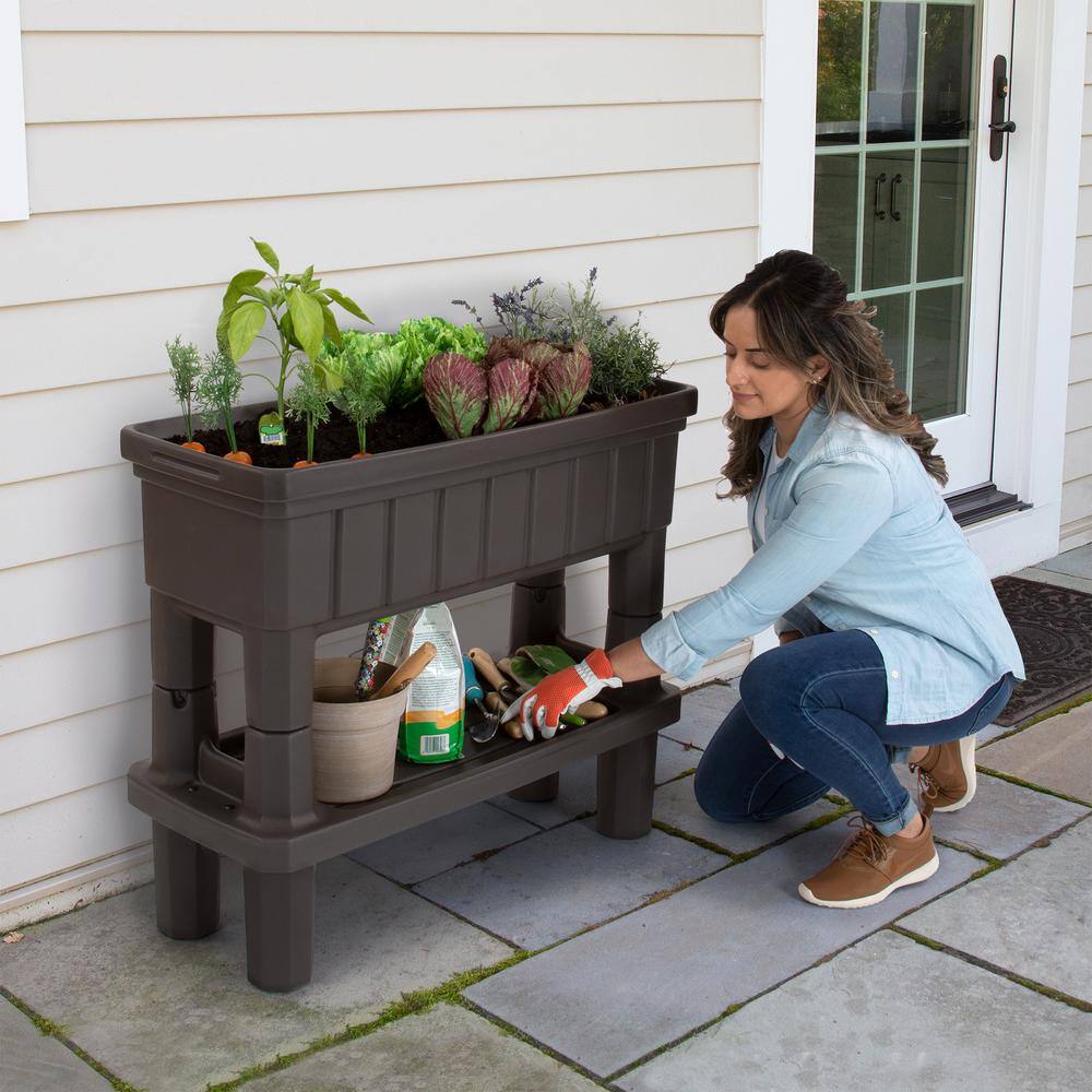 Espresso Raised Plastic Outdoor Patio Garden Planter with Storage