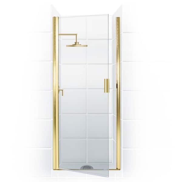 Coastal Shower Doors Paragon Series 29 in. x 65 in. Semi-Framed Continuous Hinge Shower Door in Gold with Clear Glass and Knock-On Handle