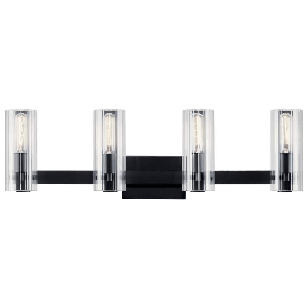 Black and Clear Fluted Glass 4-Light Vanity Fixture