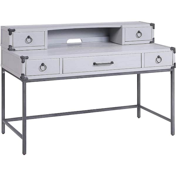 Benjara 18 in. Rectangle Gray Wood 5 Drawers Writing Desk with Ring Pulls and Metal Braces